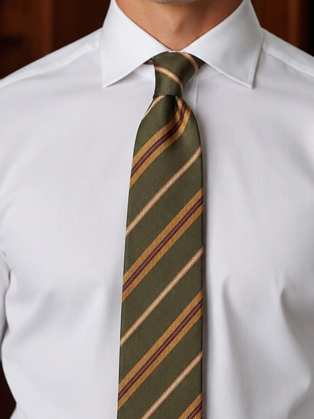 Salvatore Ferragamo Olive Green Striped Silk Tie with Gold and Burgundy Accents